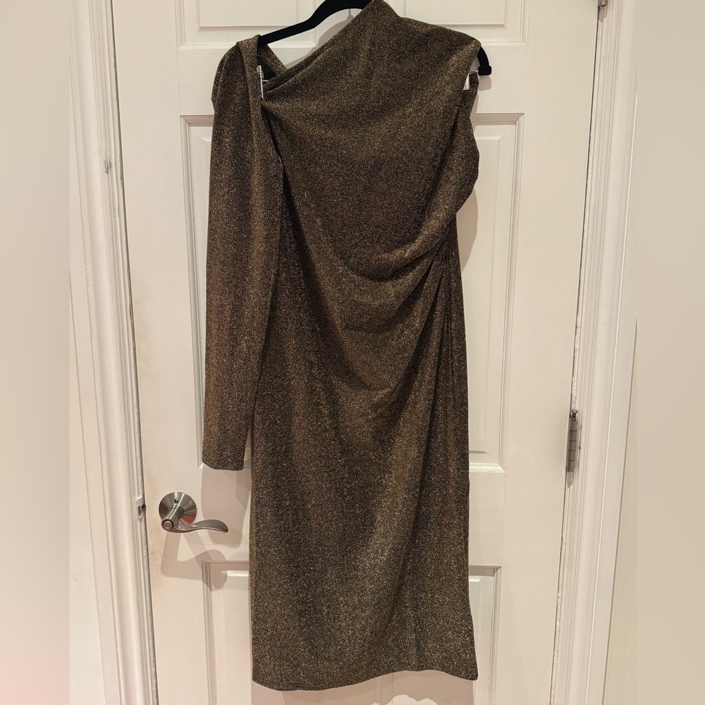 NWT TEREA Womens Nola One Shoulder Gold Metallic Sparkle Midi Dress Size XL - Picture 5 of 8